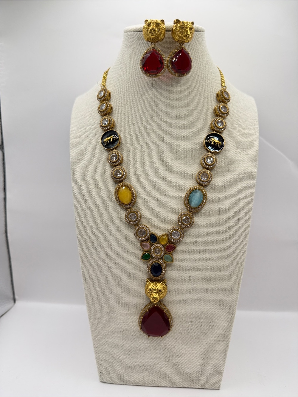 Gold-Tone Multistone Doublet Pendant Necklace with Red Teardrop Earrings
